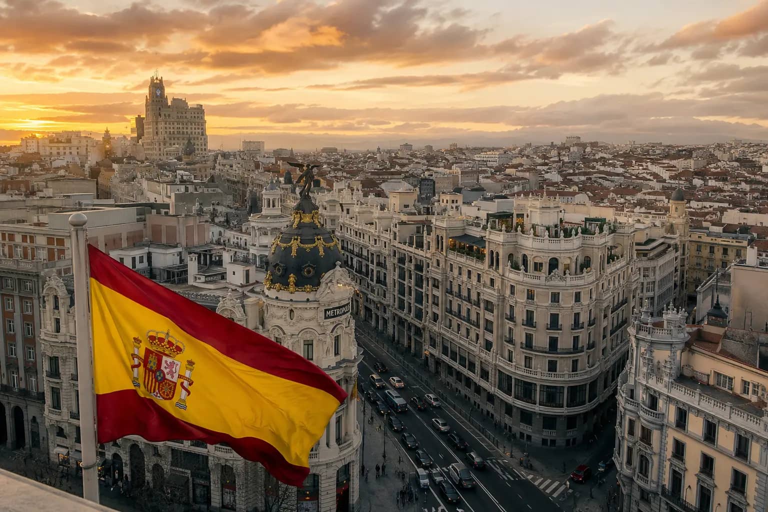 Vista de Madrid con la bandera de España